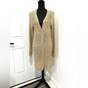 Beige Knit Long Button-Front Cardigan Sweater